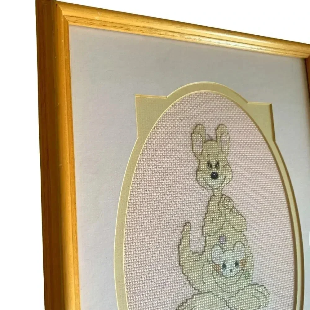 Precious Moments Vintage Cross Stitch Kangaroo Pockets Framed 14X10 Hand Crafted
